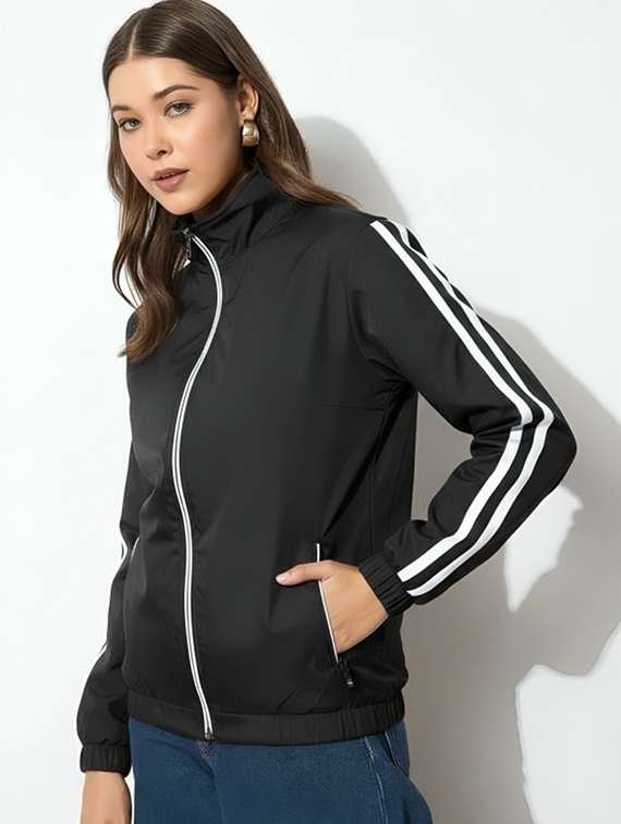 women solid stand collar long sleeve jacket - 22143743 - Standard Image - 1