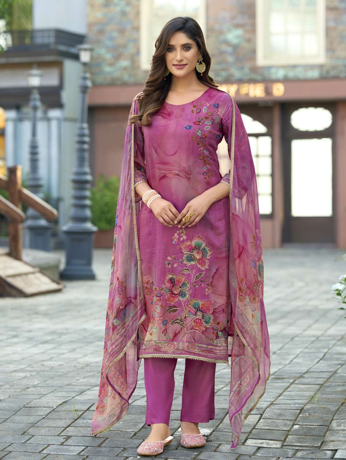 women floral printed three quarter sleeve kurta pant with dupatta set - 22143788 -  Standard Image - 1