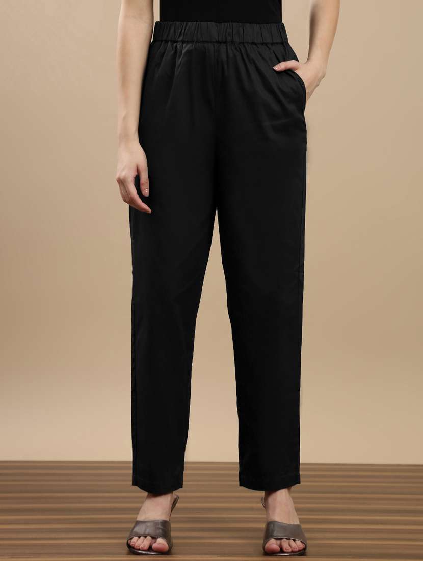 women solid mid rise straight trouser