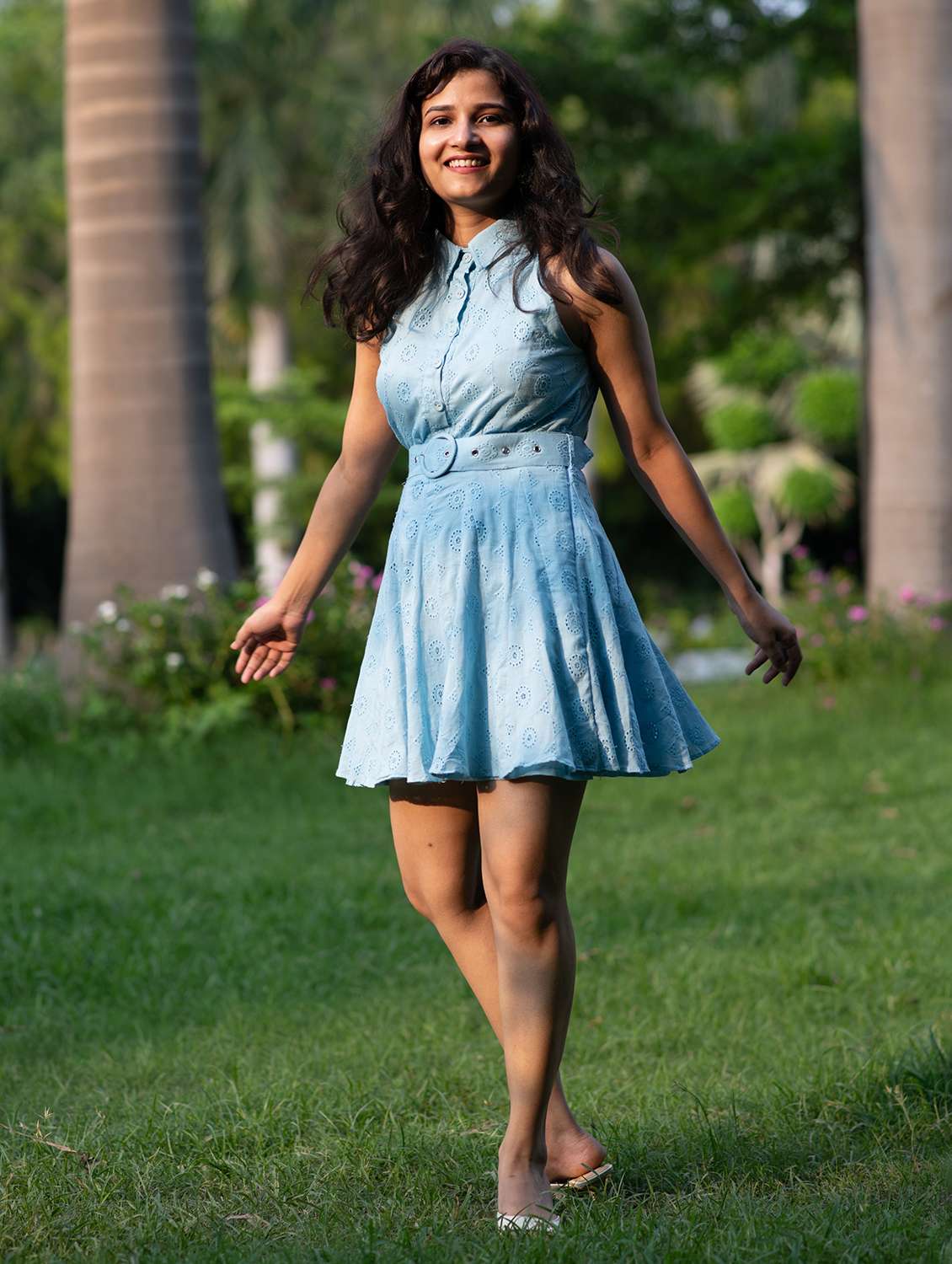 women solid halter neck schiffli fit & flare dress