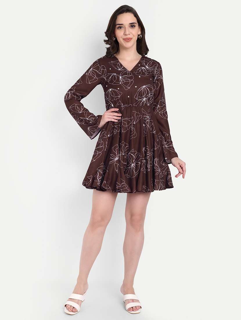 women printed bell sleeve a-line dress