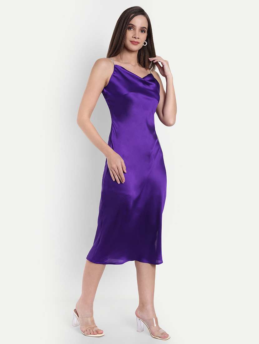 women solid cowl neck shoulder strap sheath dress - 22143946 - Standard Image - 1