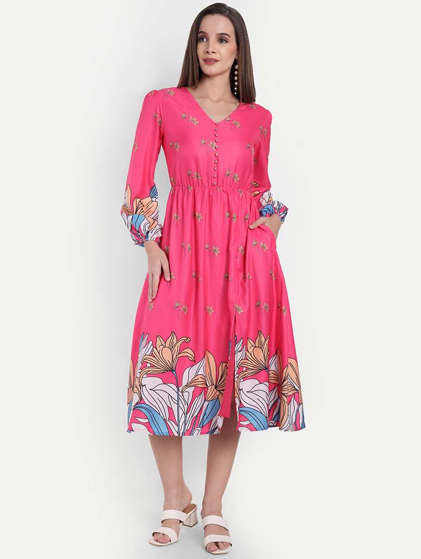 women printed puff sleeve a-line dress