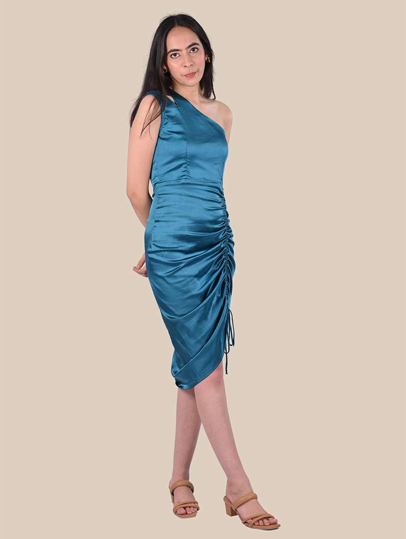 women solid single shoulder ruched bodycon dress