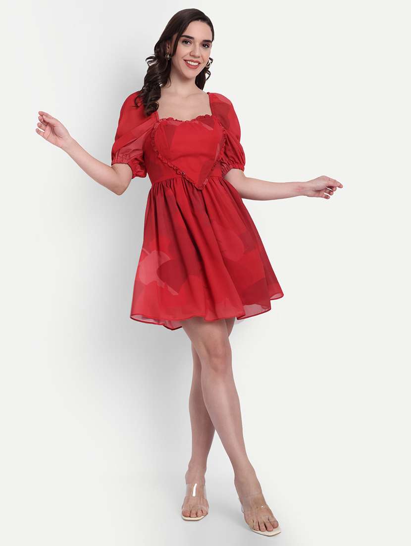 women red solid puff sleeve a-line dress - 22143960 - Standard Image - 1