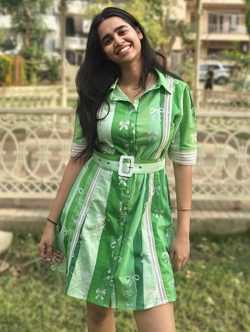 women printed puff sleeve collared shirt dress