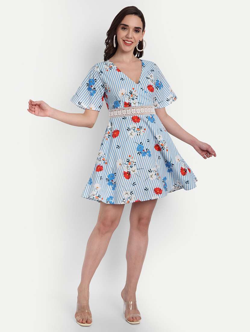 women floral print puff sleeve fit & flare dress