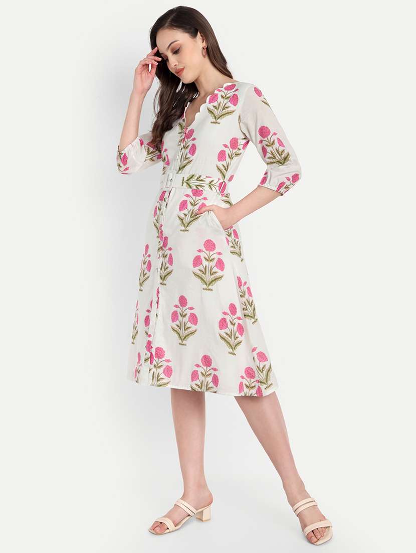 women floral print three quarter sleeve belted shirt dress - 22143969 - Standard Image - 1