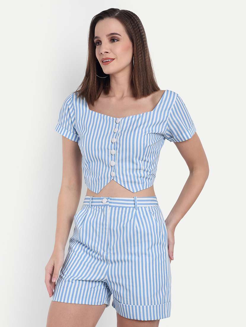 women striped puff sleeve crop top - 22143984 - Standard Image - 1