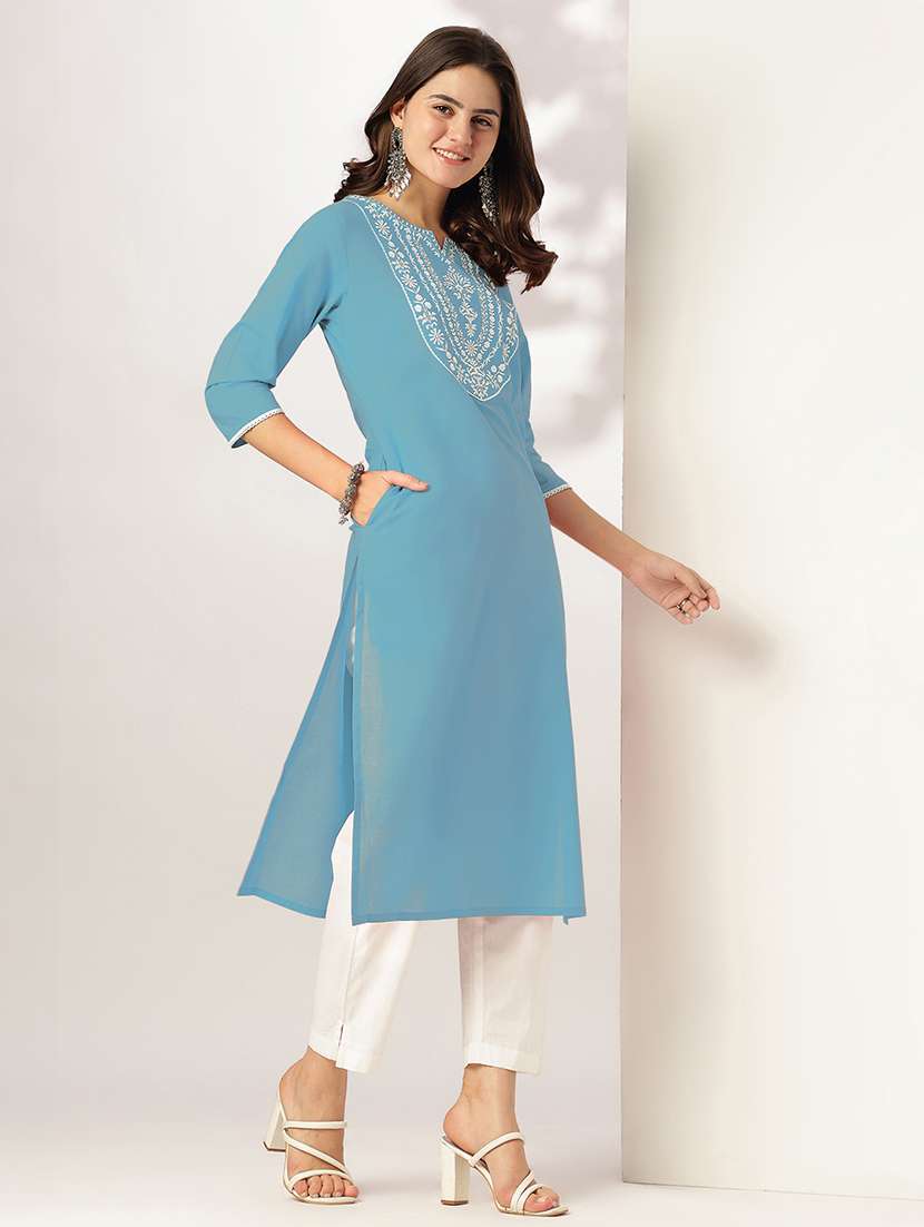 women embroidered three quarter sleeve straight kurta - 22144657 -  Standard Image - 1