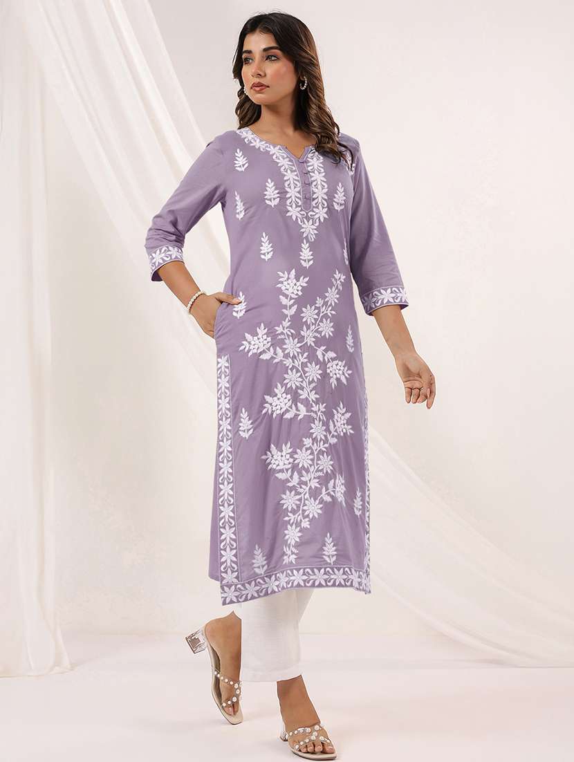 women embroidered three quarter sleeve straight kurta - 22144658 -  Standard Image - 1