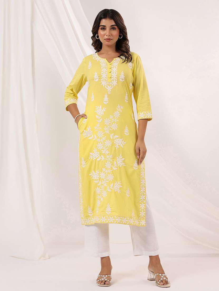 women embroidered three quarter sleeve straight kurta