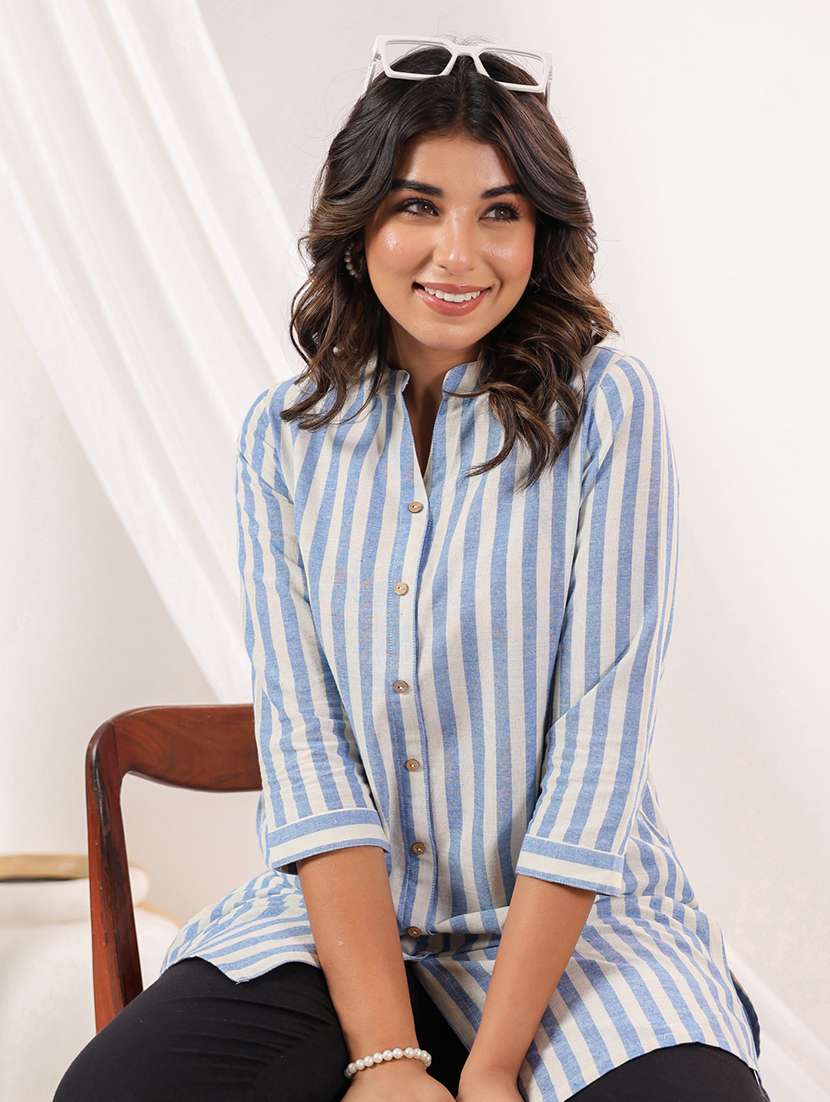 women striped three quarter sleeve straight kurti - 22144661 -  Standard Image - 1