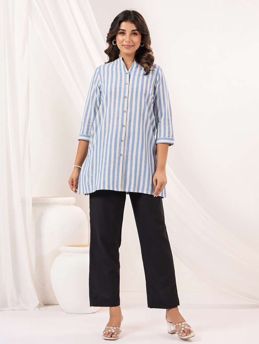 women striped three quarter sleeve straight kurti - 22144661 -  Standard Image - 4