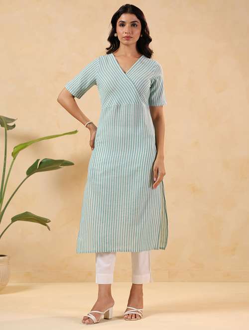 women striped short sleeve straight kurta - 22144662 -  Standard Image - 0
