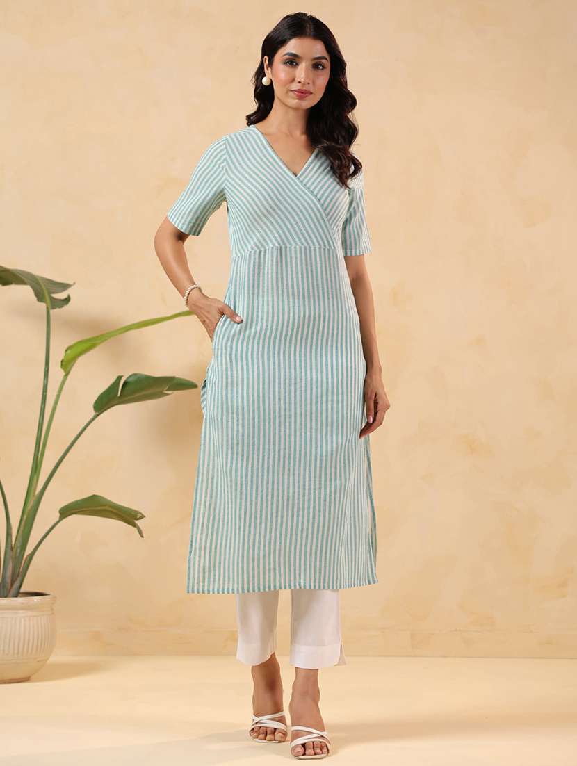 women striped short sleeve straight kurta - 22144662 -  Standard Image - 1