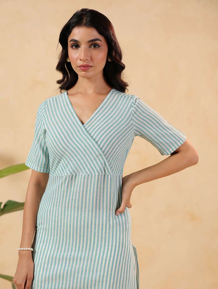 women striped short sleeve straight kurta - 22144662 -  Standard Image - 4