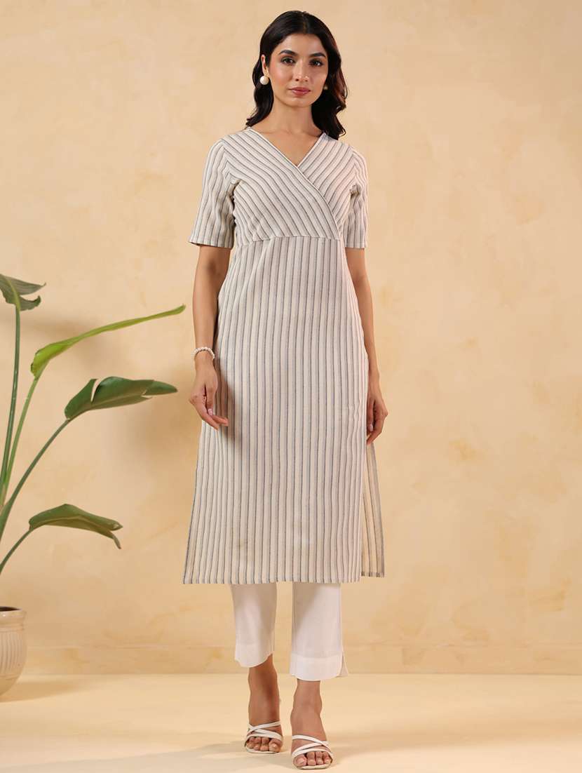 women striped short sleeve straight kurta - 22144663 -  Standard Image - 1