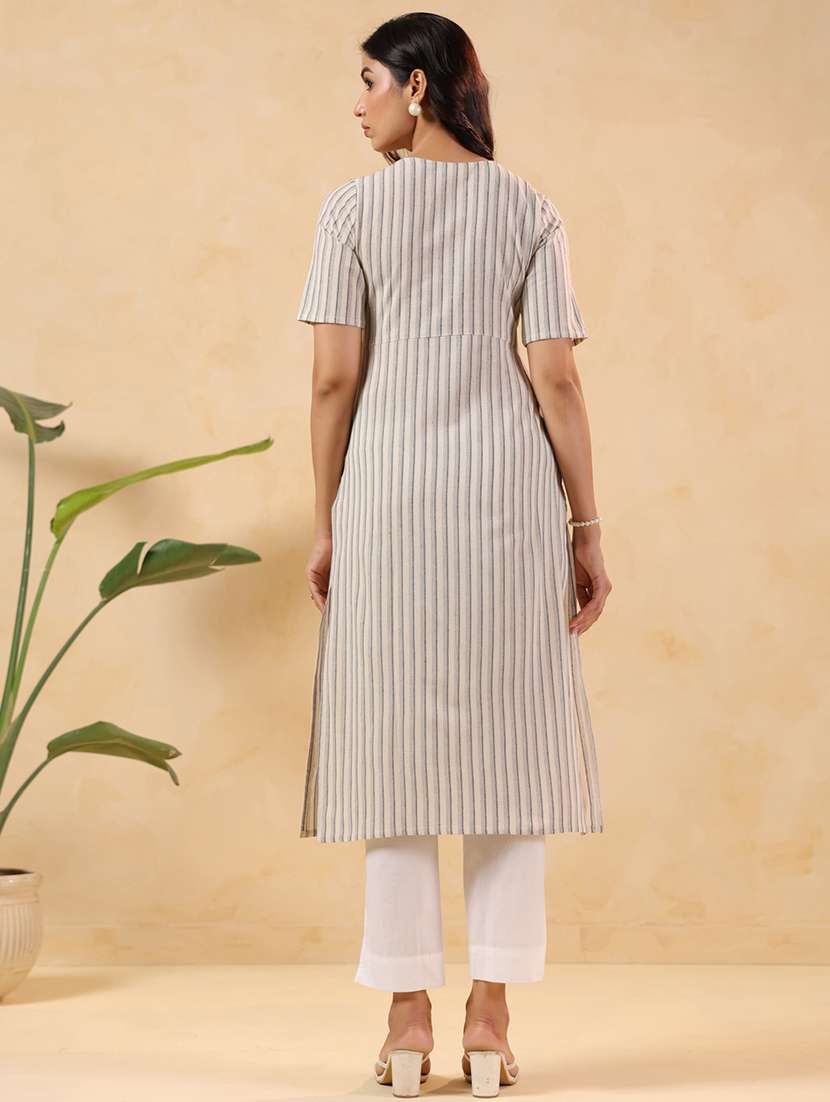 women striped short sleeve straight kurta - 22144663 -  Standard Image - 4