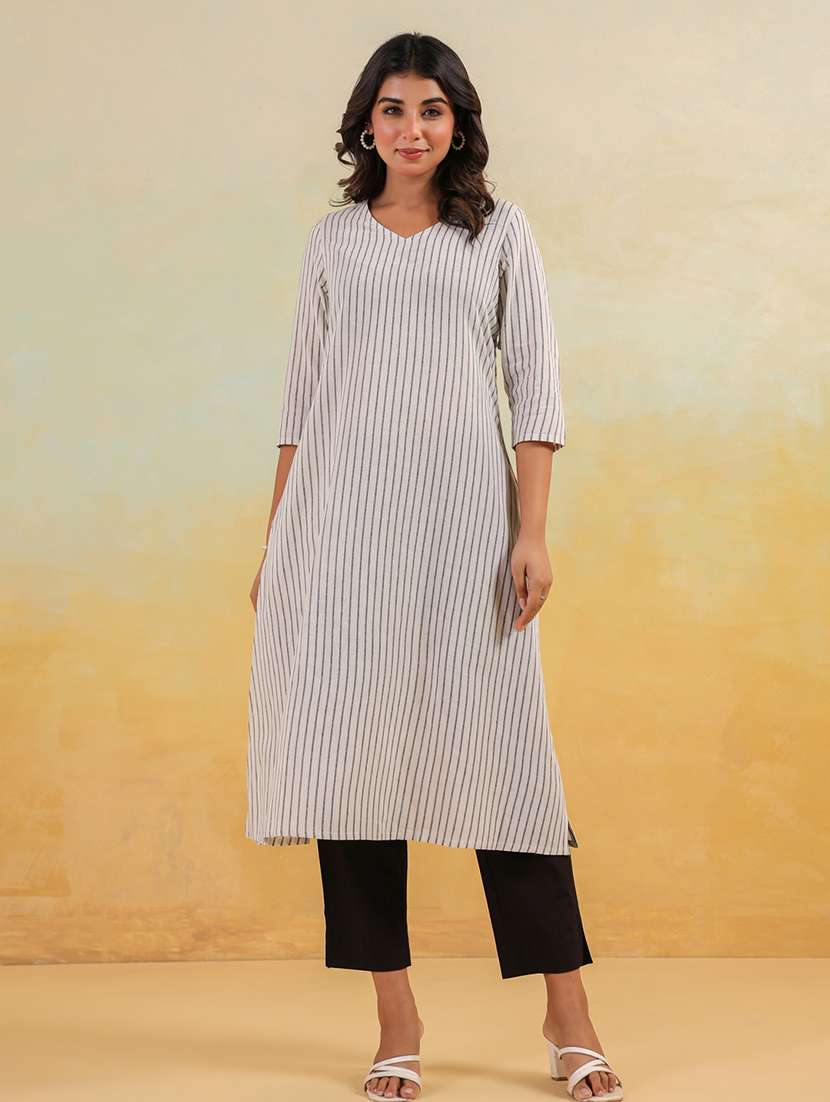 women striped three quarter sleeve a-line kurta - 22144666 - Standard Image - 1