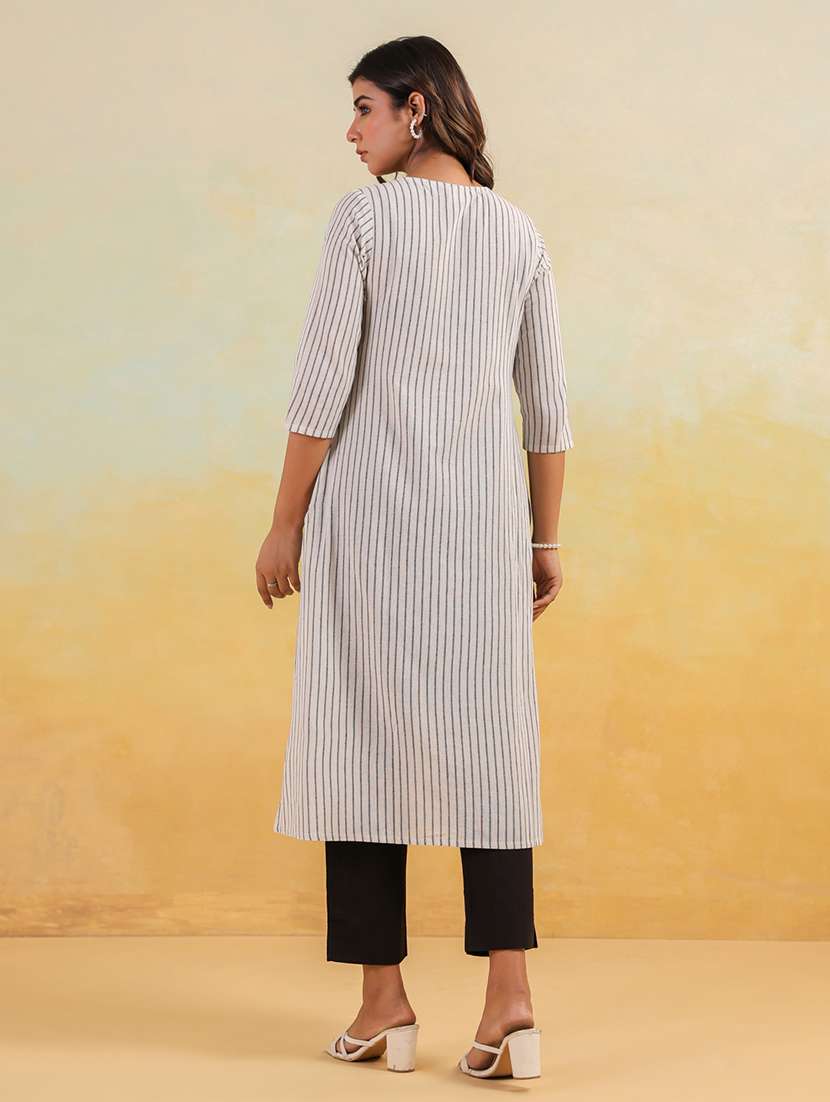 women striped three quarter sleeve a-line kurta - 22144666 - Standard Image - 4