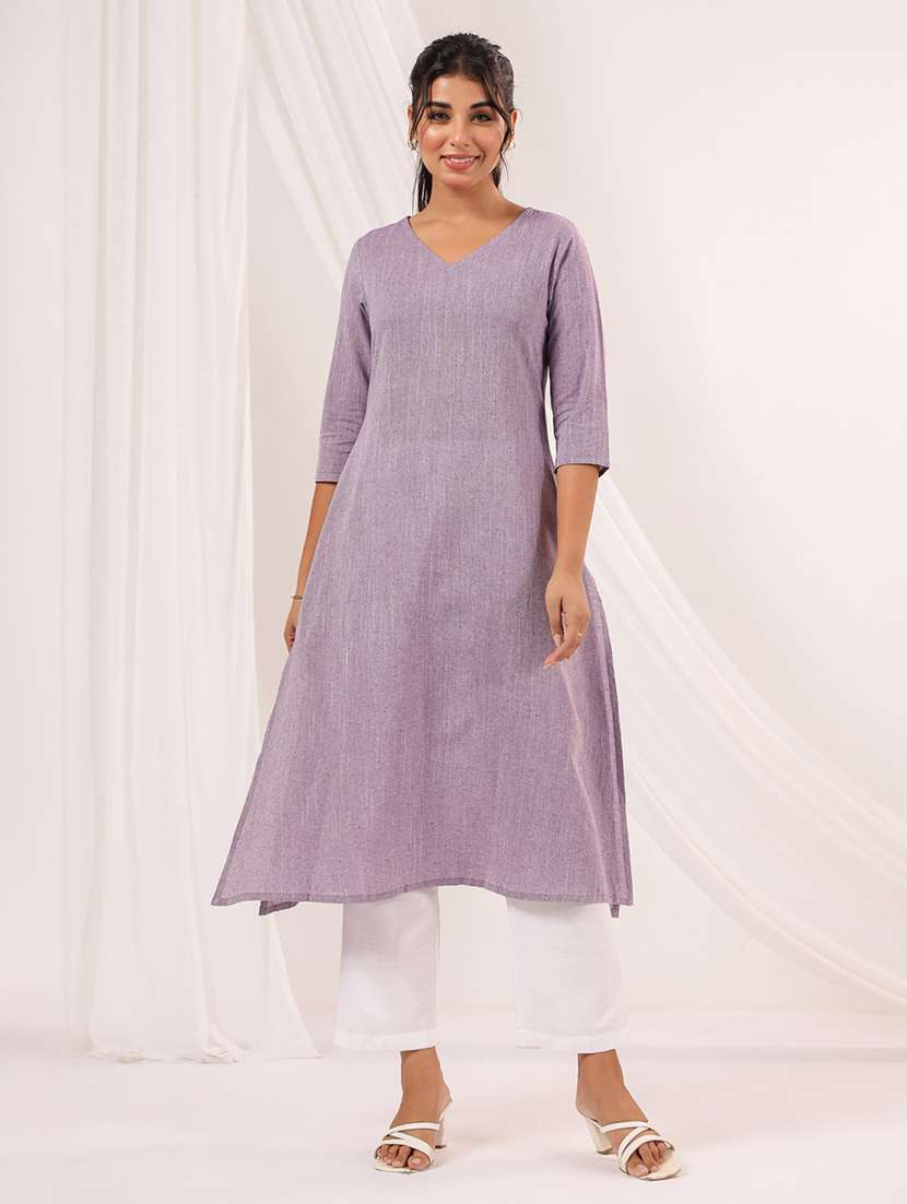 women solid three quarter sleeve a-line kurta - 22144667 -  Standard Image - 1