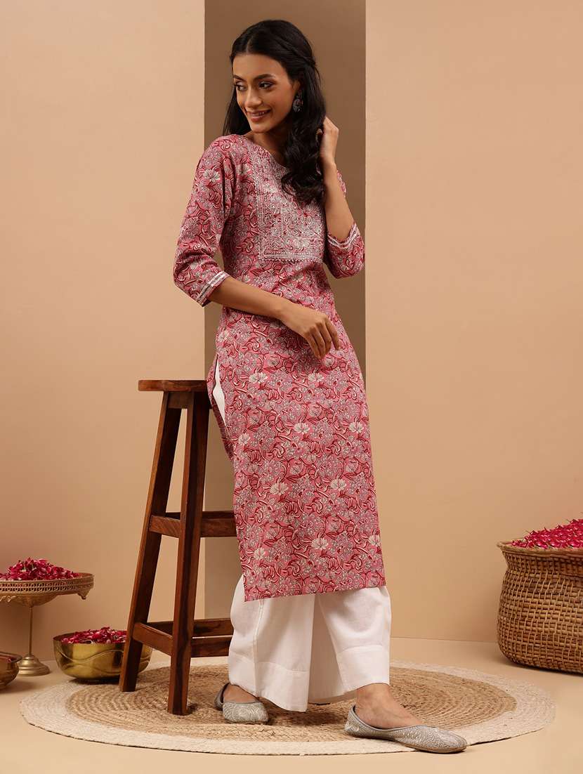 women floral three quarter sleeve straight kurta - 22144669 -  Standard Image - 1