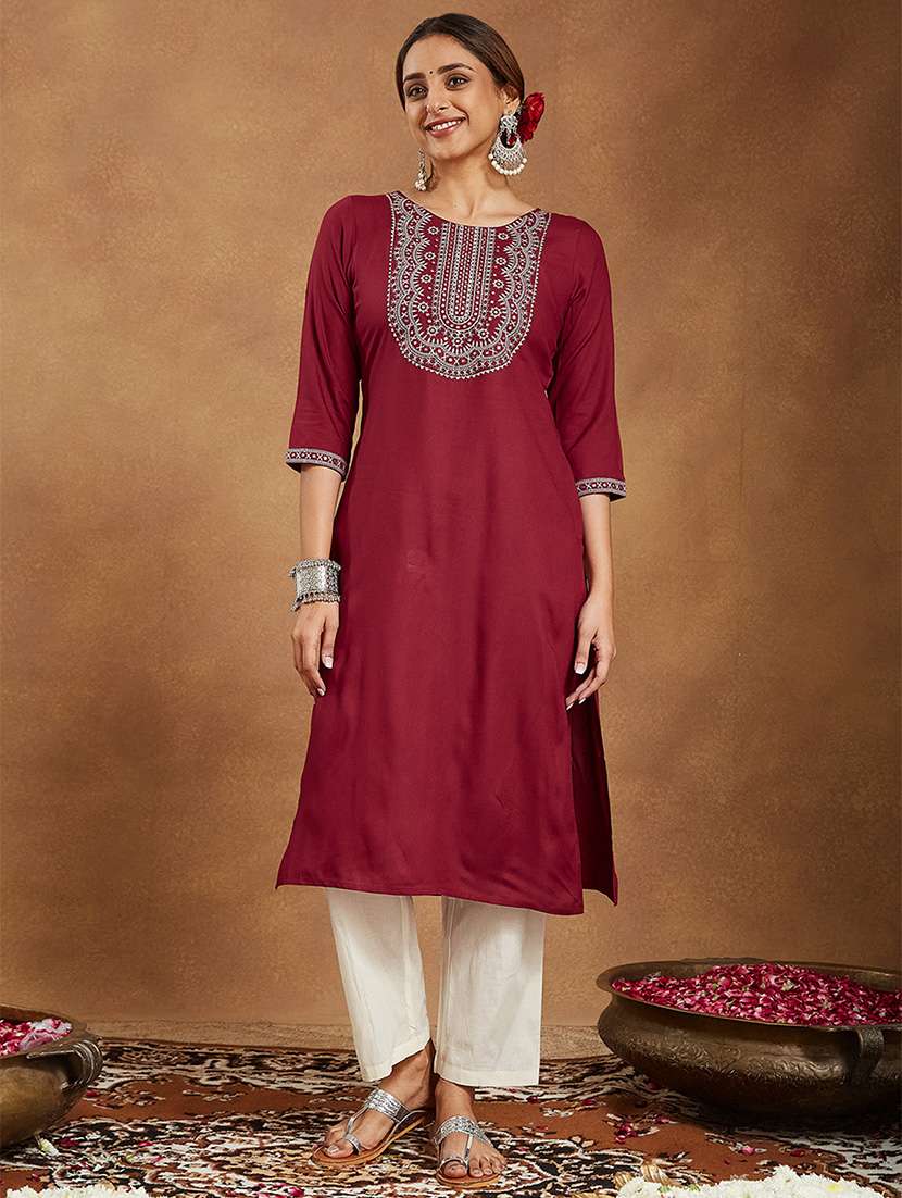 women embroidered three quarter sleeve straight kurta