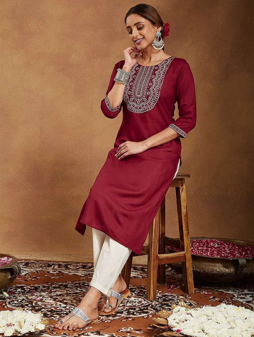 women embroidered three quarter sleeve straight kurta - 22144670 -  Standard Image - 1