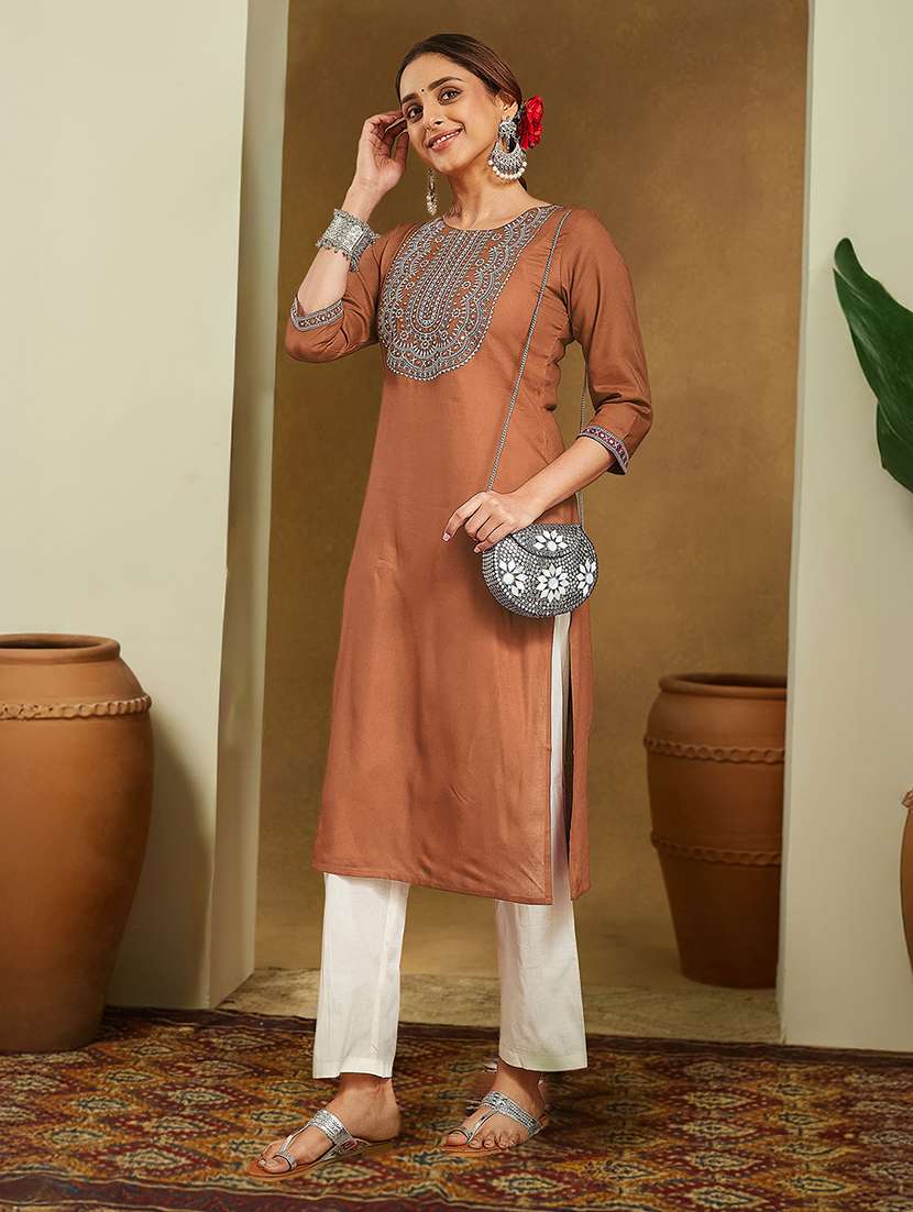 women embroidered three quarter sleeve straight kurta