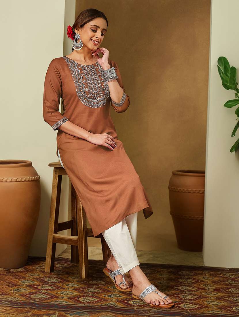 women embroidered three quarter sleeve straight kurta - 22144671 -  Standard Image - 1