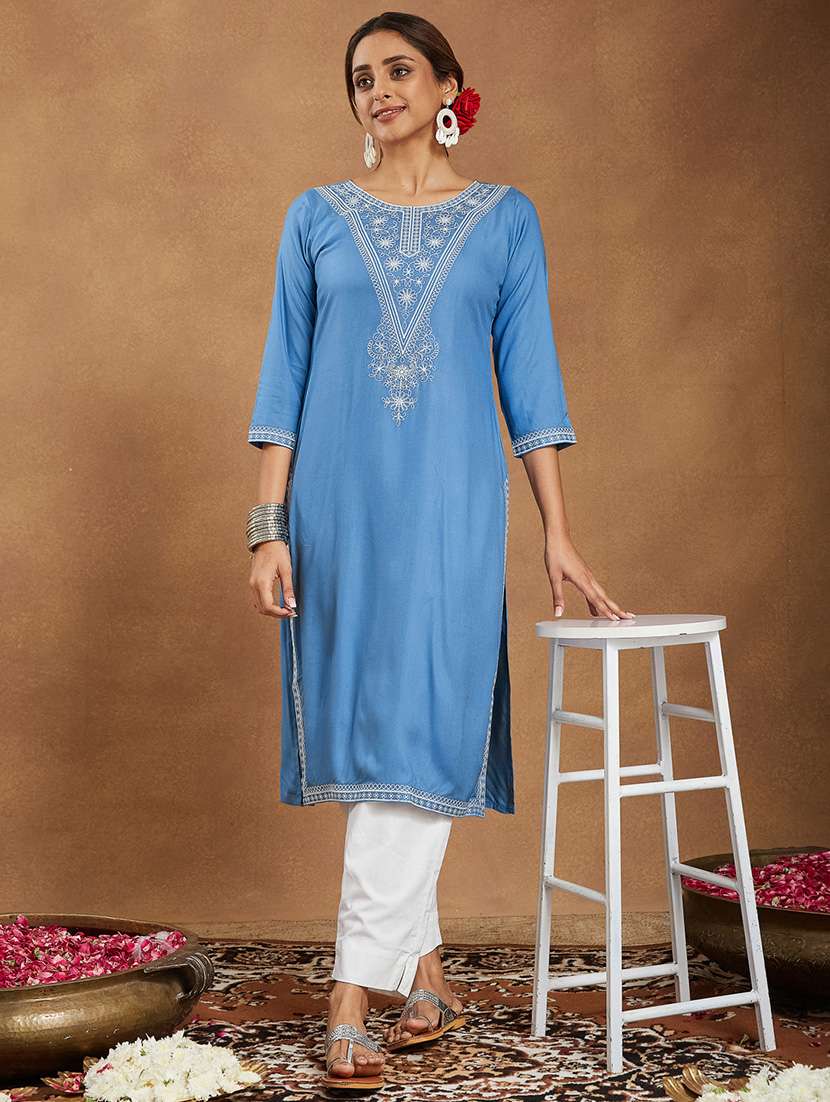 women embroidered three quarter sleeve straight kurta - 22144672 - Standard Image - 1