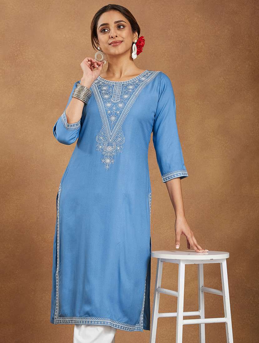 women embroidered three quarter sleeve straight kurta - 22144672 - Standard Image - 4