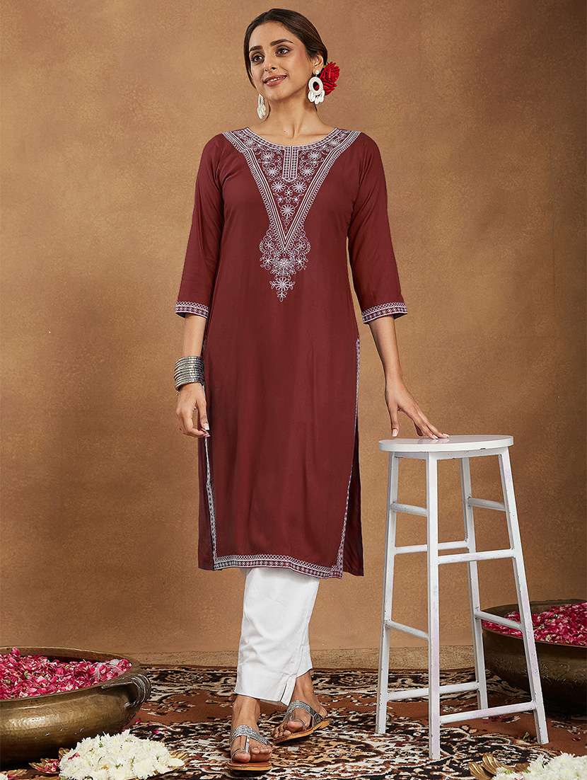 women embroidered three quarter sleeve straight kurta - 22144673 -  Standard Image - 1