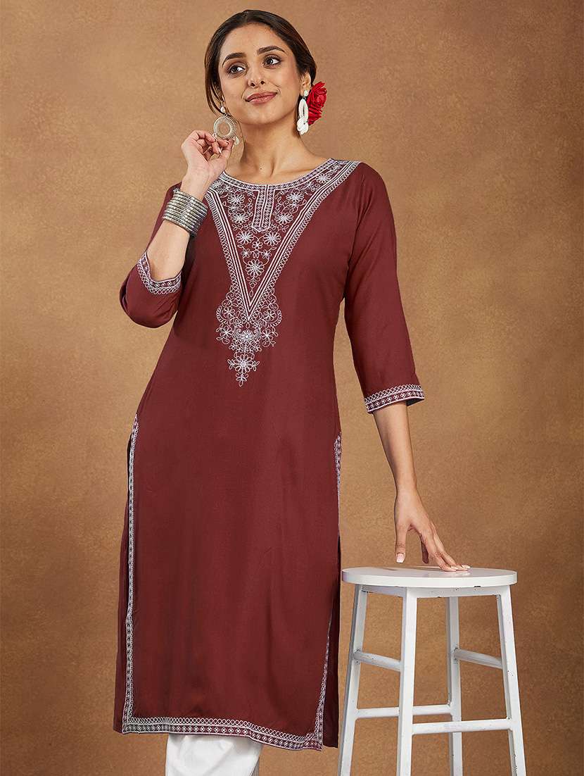 women embroidered three quarter sleeve straight kurta - 22144673 - Standard Image - 4