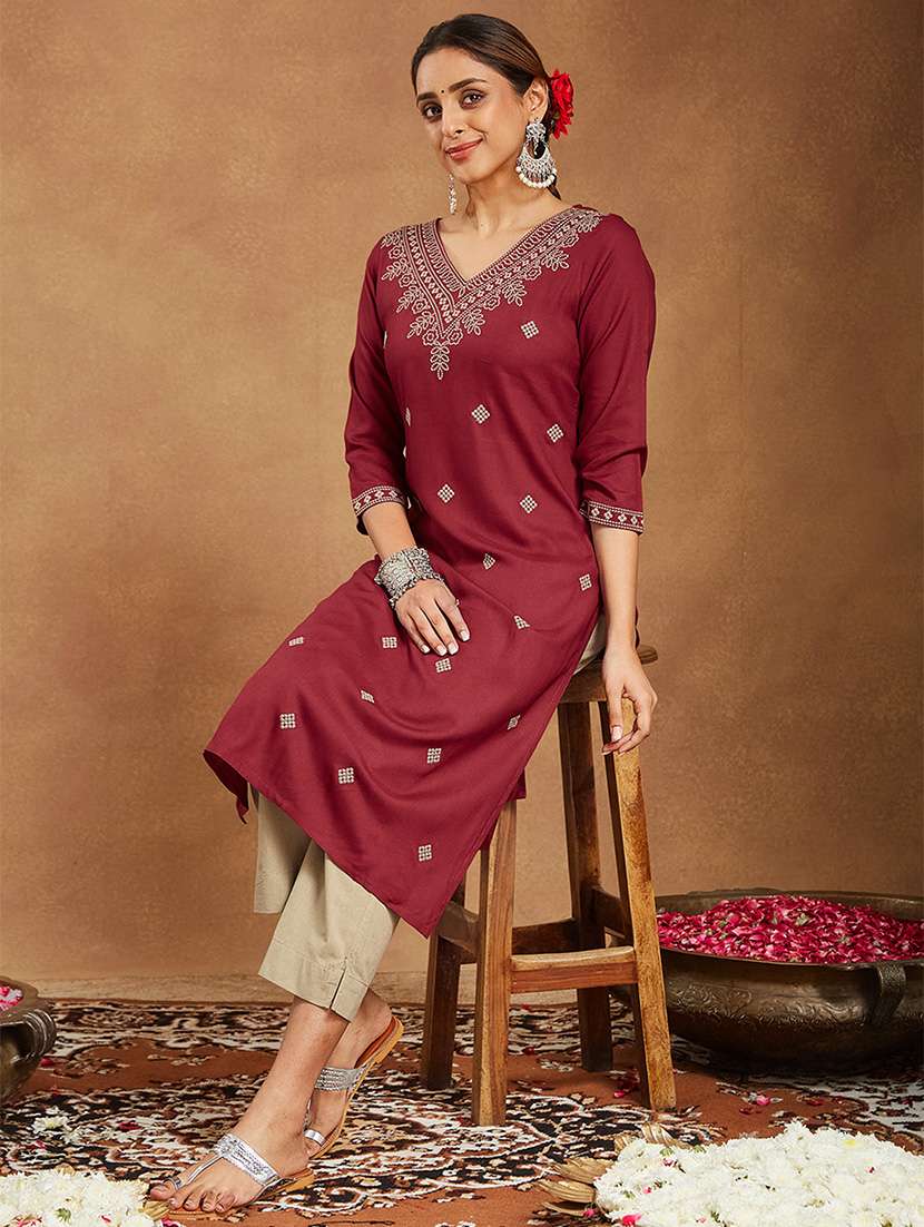 women embroidered three quarter sleeve straight kurta - 22144674 -  Standard Image - 1