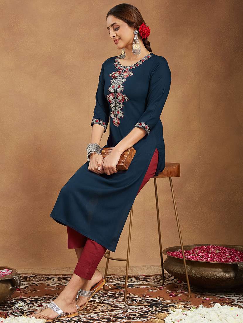 women embroidered three quarter sleeve straight kurta - 22144675 -  Standard Image - 1