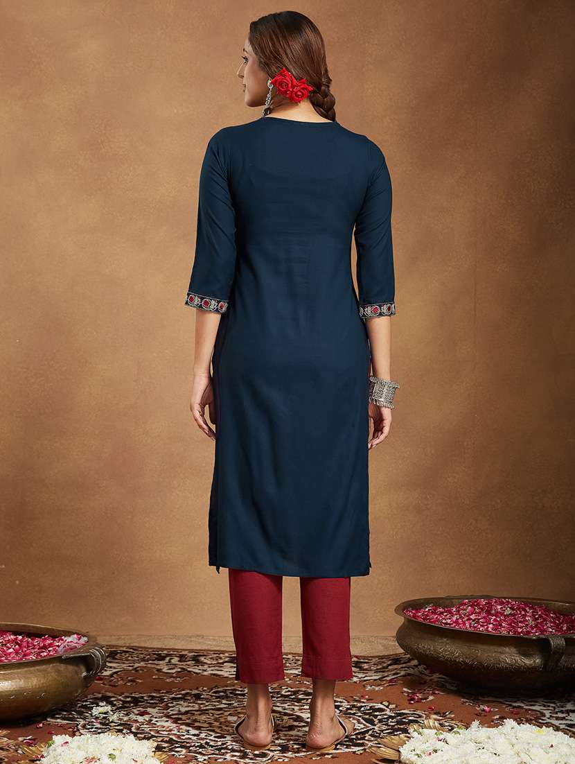 women embroidered three quarter sleeve straight kurta - 22144675 -  Standard Image - 4