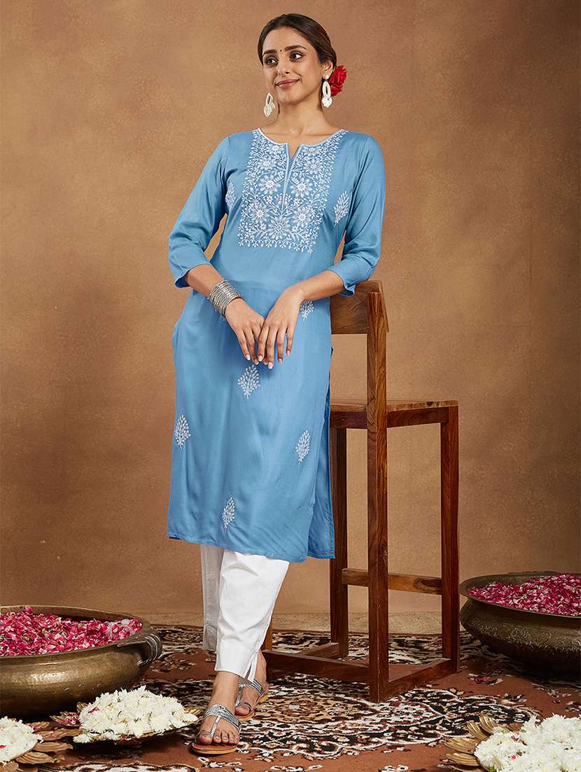 women embroidered three quarter sleeve straight kurta - 22144676 - Standard Image - 1