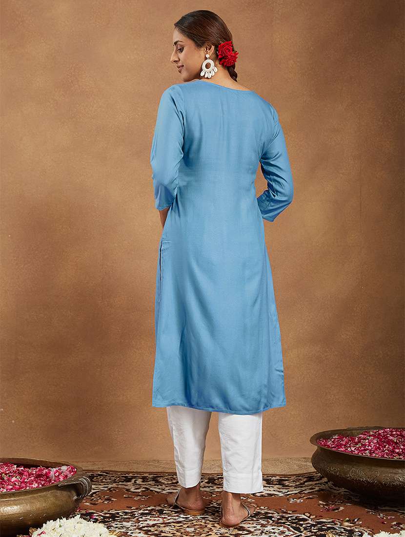 women embroidered three quarter sleeve straight kurta - 22144676 - Standard Image - 4