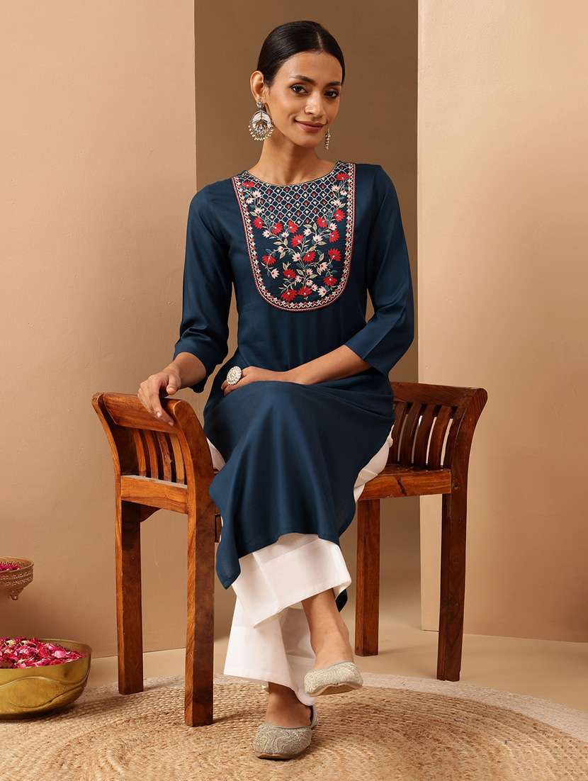 women embroidered three quarter sleeve straight kurta - 22144677 -  Standard Image - 1