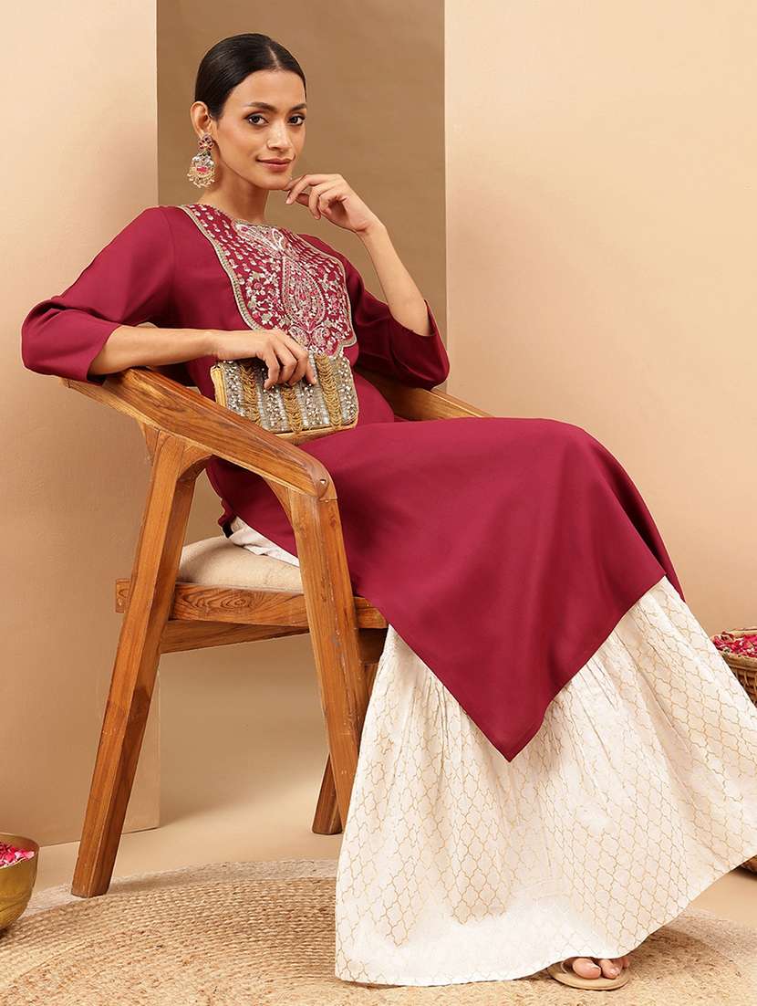 women embroidered three quarter sleeve straight kurta - 22144678 -  Standard Image - 1