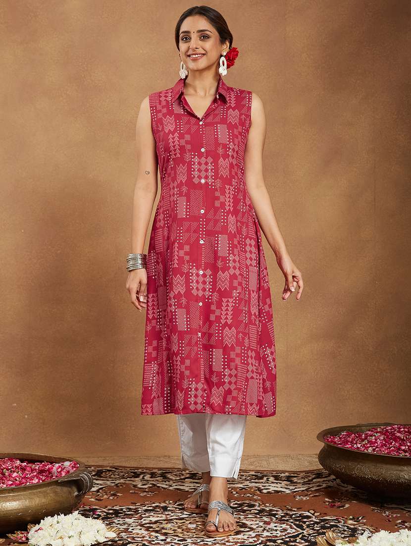 women printed sleeveless a-line kurta - 22144679 - Standard Image - 1