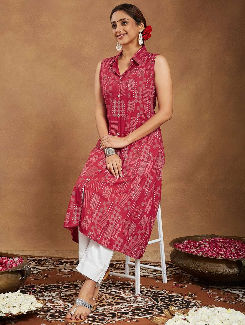 women printed sleeveless a-line kurta - 22144679 - Standard Image - 4