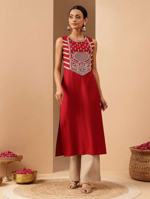 women solid with work sleeveless straight kurta - 22144680 -  Standard Image - 0