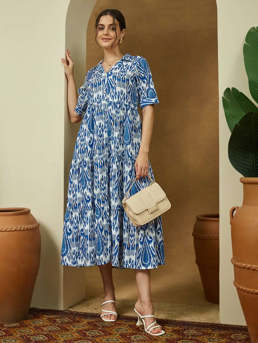 women ikat printed elbow length tiered dress