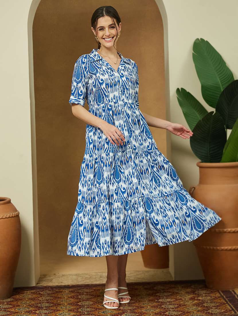 women ikat printed elbow length tiered dress - 22144872 -  Standard Image - 1