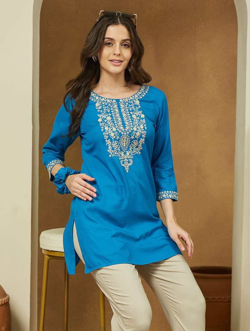women embroidered three quarter sleeve straight kurti - 22144876 - Standard Image - 1