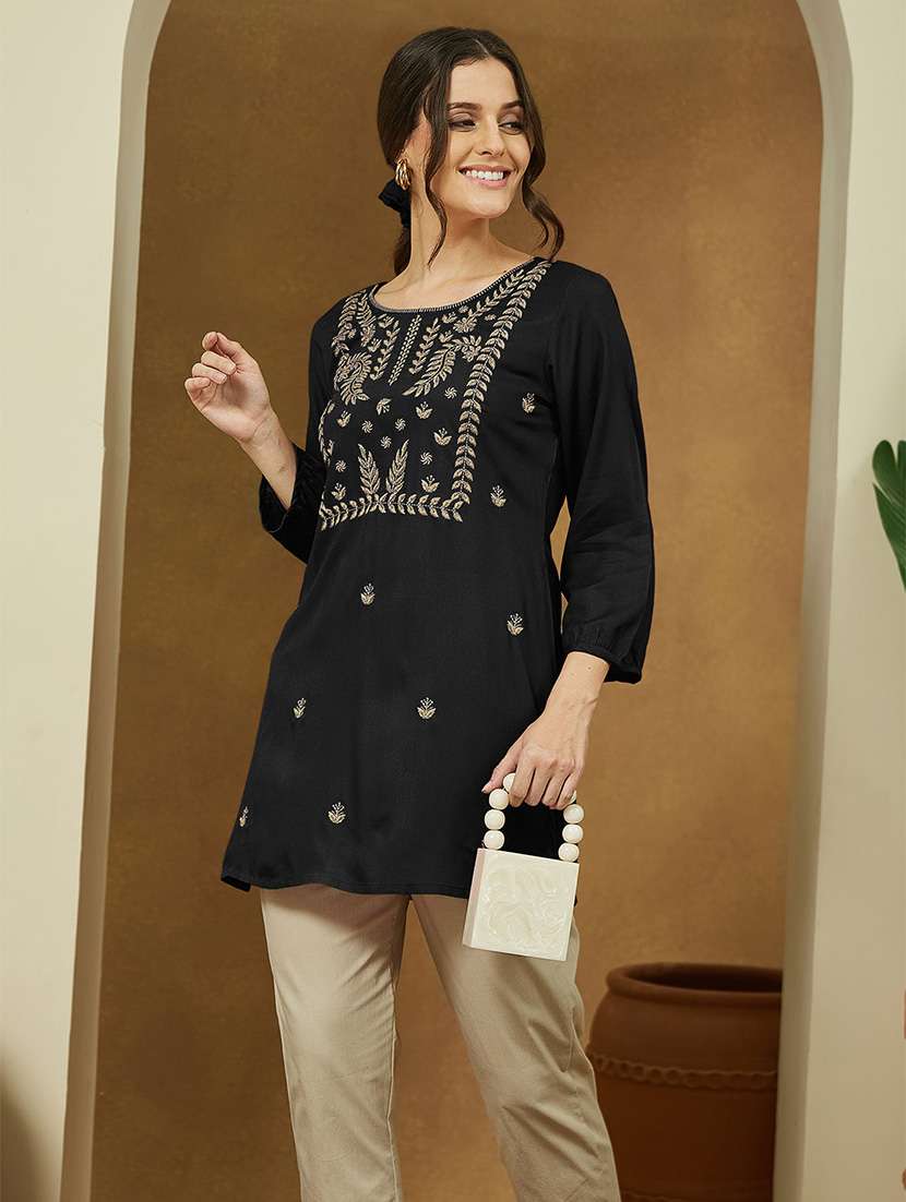 women embroidered three quarter sleeve straight kurti