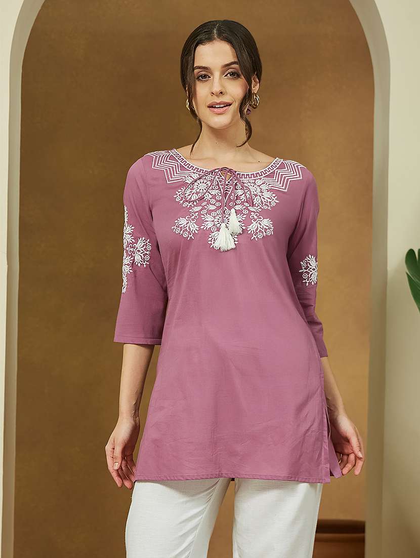 women embroidered three quarter sleeve straight kurti - 22144879 -  Standard Image - 1